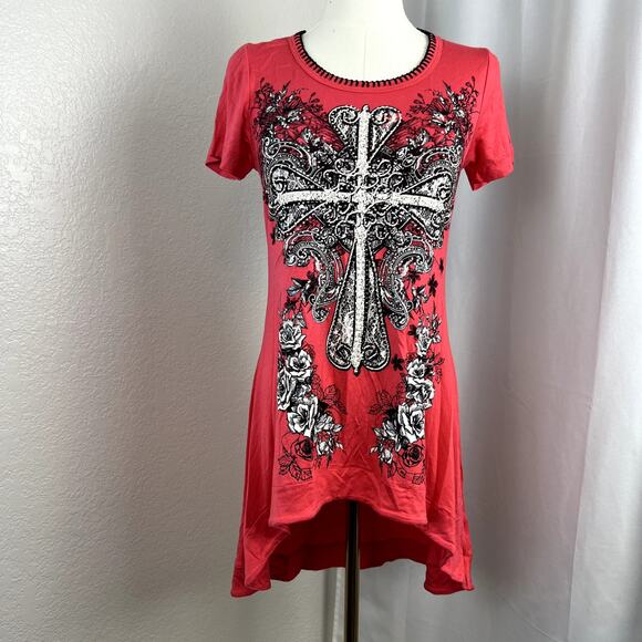 Vocal Tunic Top Womens Small Pink Embellished Cross Hi Low Edgy Western Punk Y2K - Picture 1 of 12